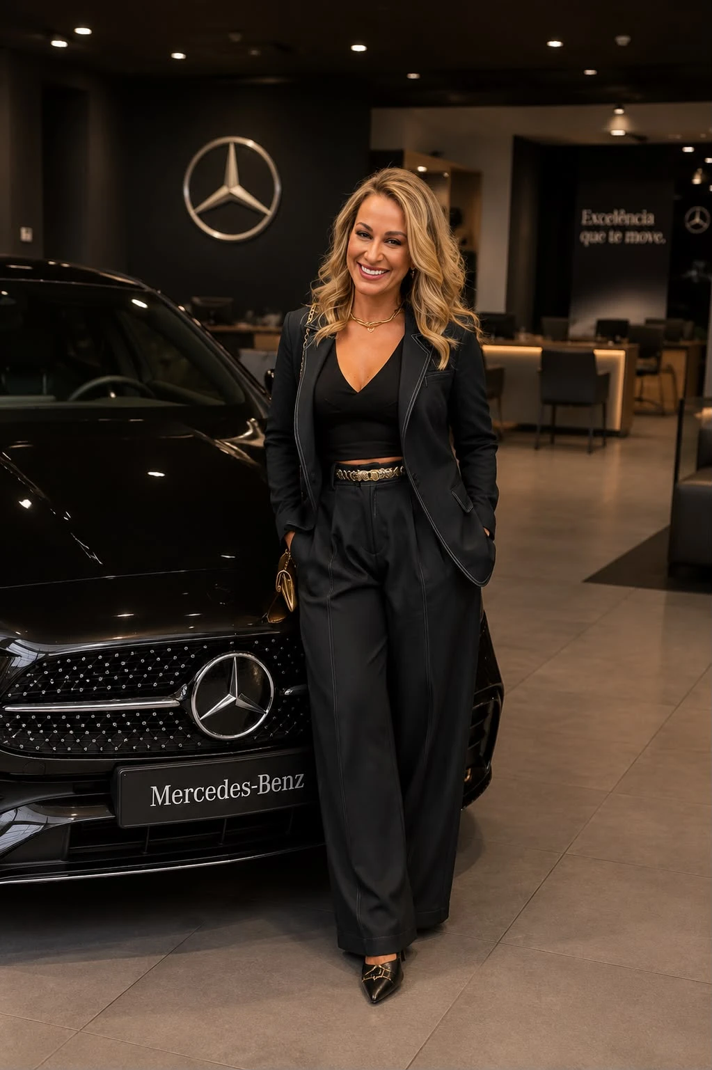 Aline Zia em ambiente Mercedes-Benz Tecar, em retrato profissional